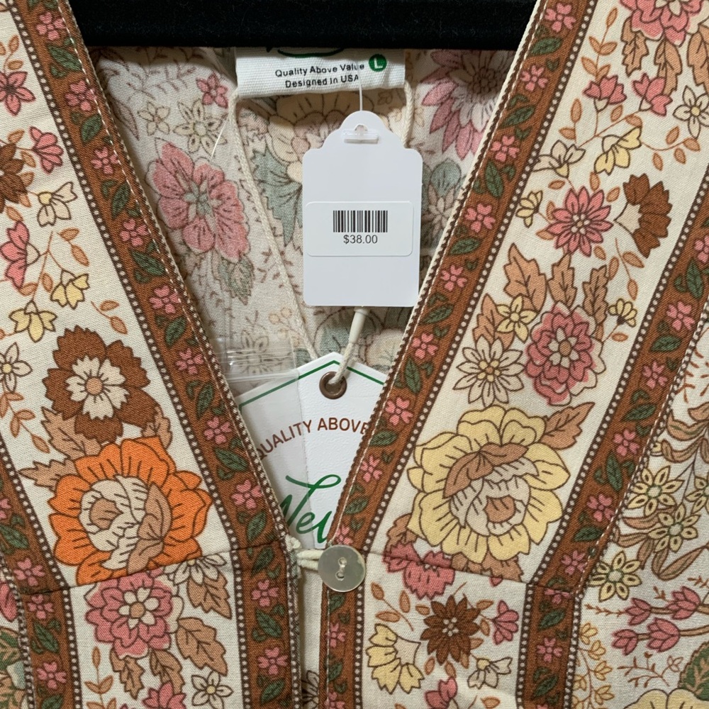 Boho Floral Button-Front Tiered Dress in Cream, Orange & Pink NWT - Picture 4 of 6